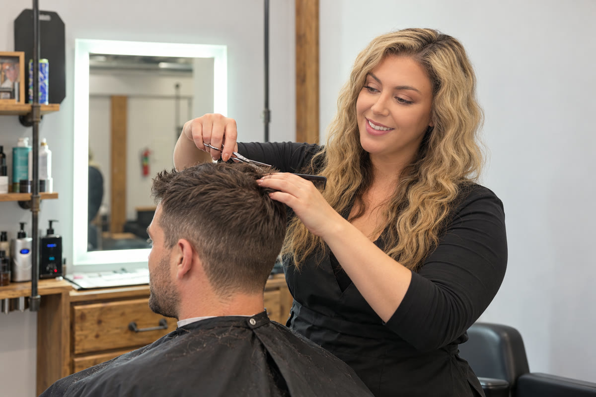 Kait cutting a client's hair